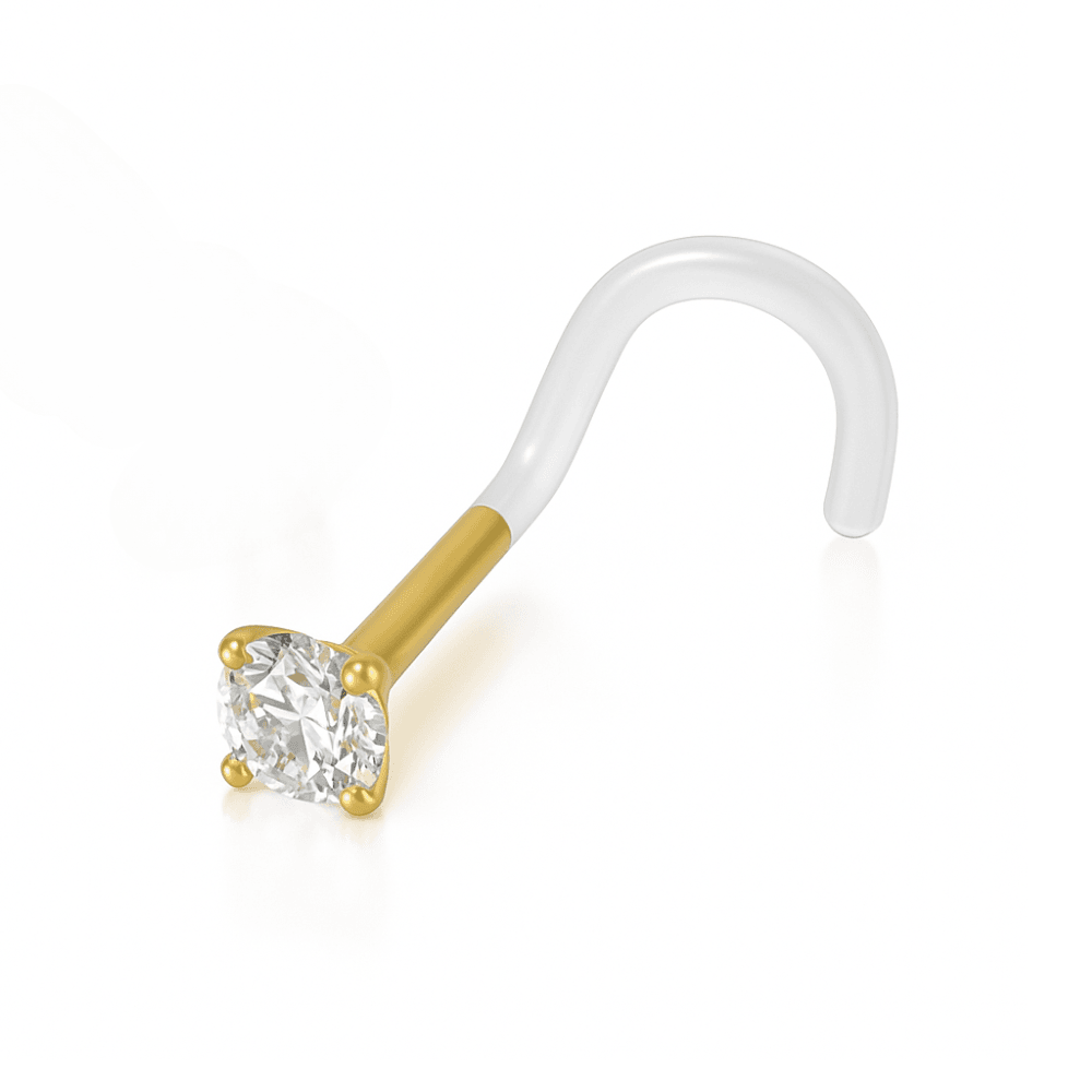 14K Gold Head Bio-Plast Nose Screw with CZ Stone