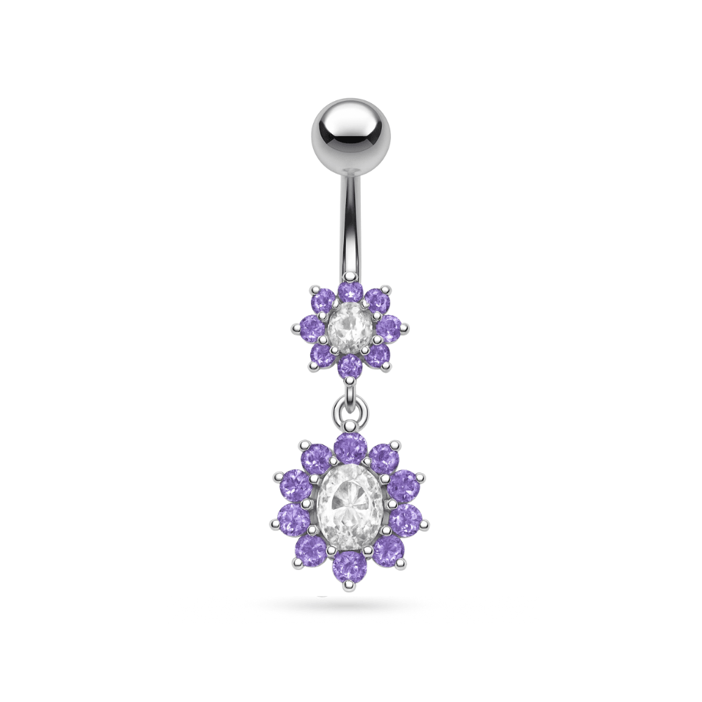 925 Sterling Silver Fancy Double Flowered Dangling Navel Ring