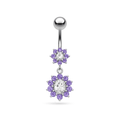 925 Sterling Silver Fancy Double Flowered Dangling Navel Ring