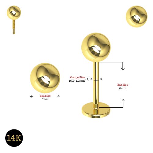 14K Gold Internally Threaded Full Ball Top Flatback Stud