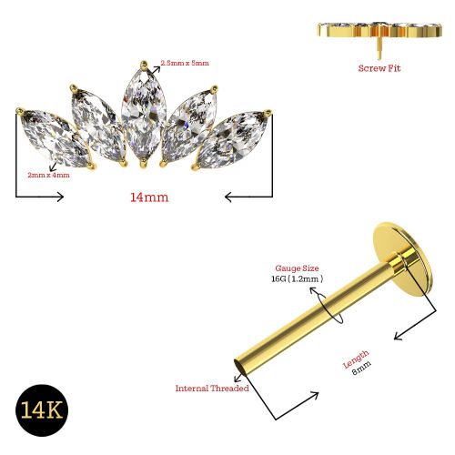 14K Gold Marquise Internal Threaded Flatback Stud