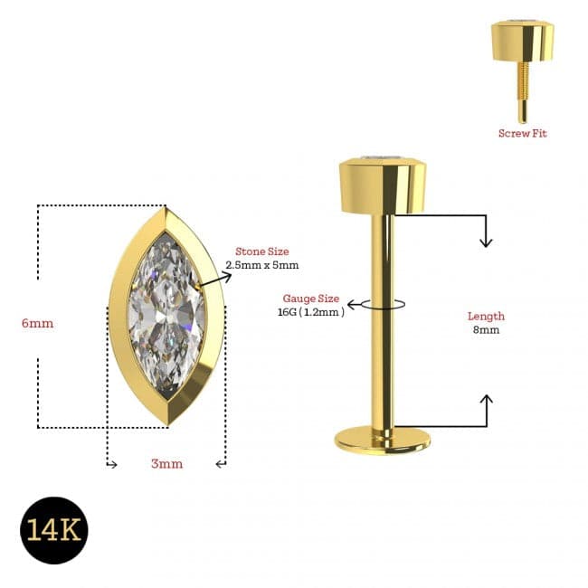 14K Gold Marquise CZ In Bezel Internal Threaded Flatback Stud