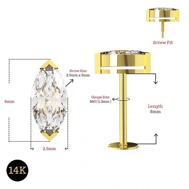 14K Gold Internal Threaded Marquise CZ Flatback Stud