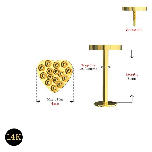 14K Gold Heart Internally Threaded Screw Fit Stud