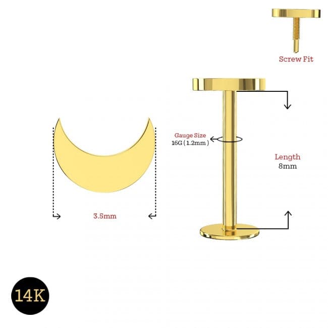 14K Gold Internally Threaded Crescent Moon Screw Fit Labret Ring