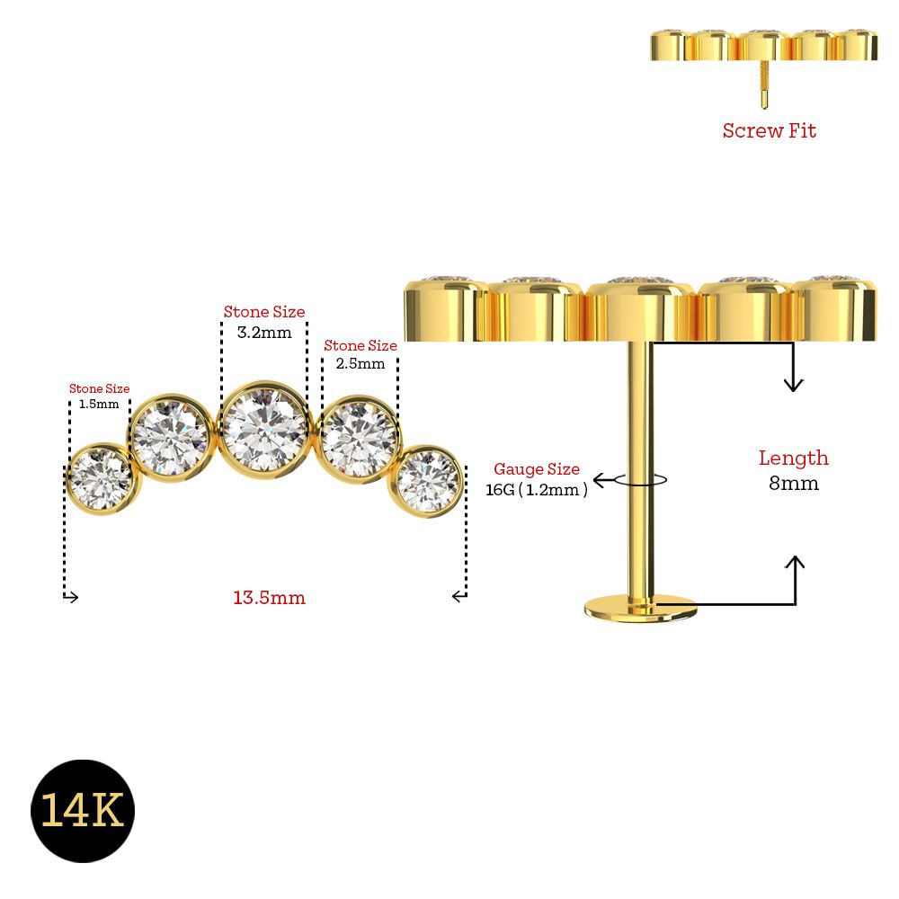 14K Gold Internally Threaded Round CZ Jewelled Bezel Set Screw Fit Stud