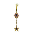 14K Gold Pink and Blue Jewelled Flower Dangling Belly Ring