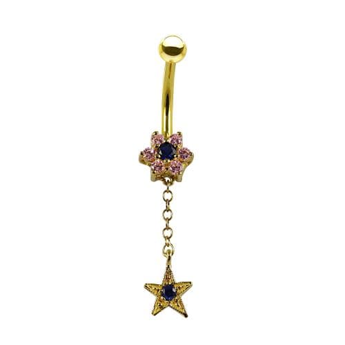 14K Gold Pink and Blue Jewelled Flower Dangling Belly Ring