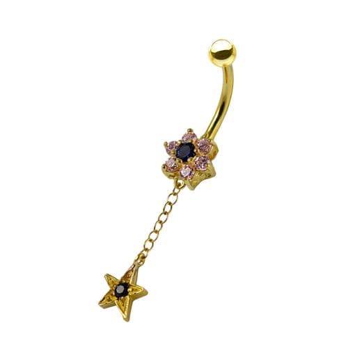 14K Gold Pink and Blue Jewelled Flower Dangling Belly Ring