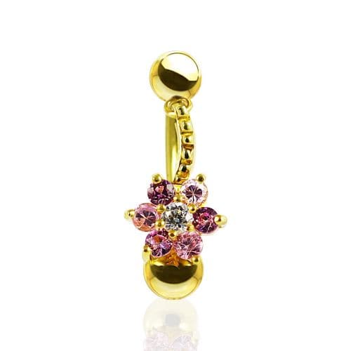 14K Gold Pink Jewelled Flower Dangling Belly Ring