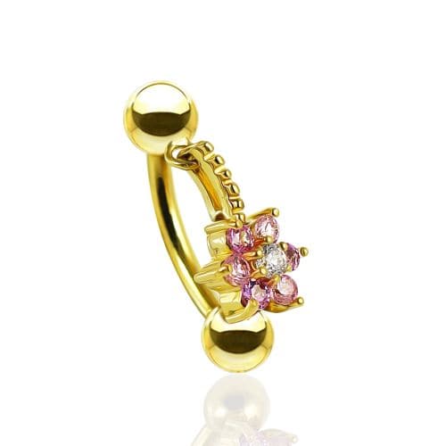 14K Gold Pink Jewelled Flower Dangling Belly Ring