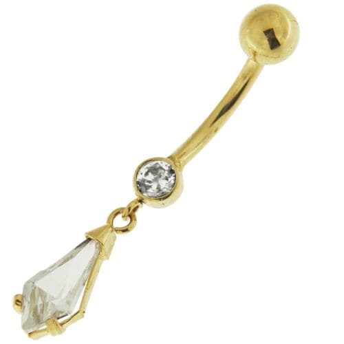 14K Gold Jewelled Dangling Pear Drop Belly Ring