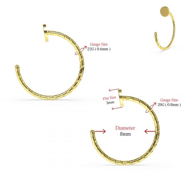 14K Gold Button Top Open Nose Hoop Laser Cut Ring