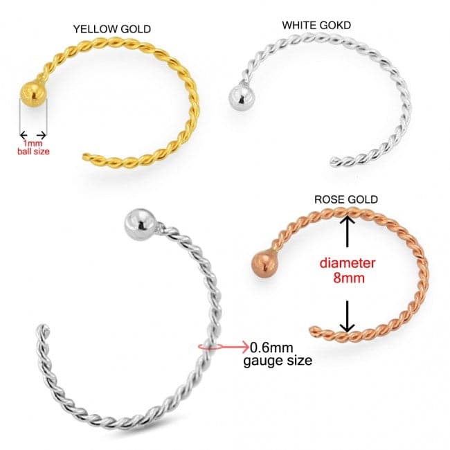 14K Gold Twister Open Hoop with Ball Nose Ring