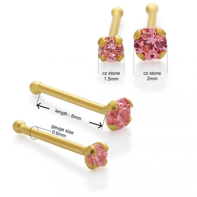 14K Gold Pink Cubic Zirconia Stone Jewelled Nose Bone