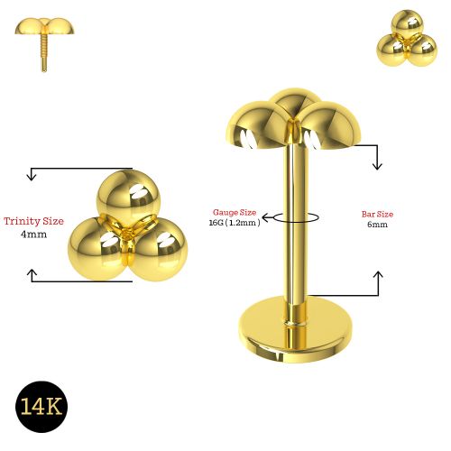 14K Gold Internally Threaded Trinity Balls Flatback Stud