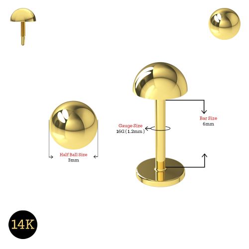 14K Gold Internally Threaded Half Ball Top Flatback Stud