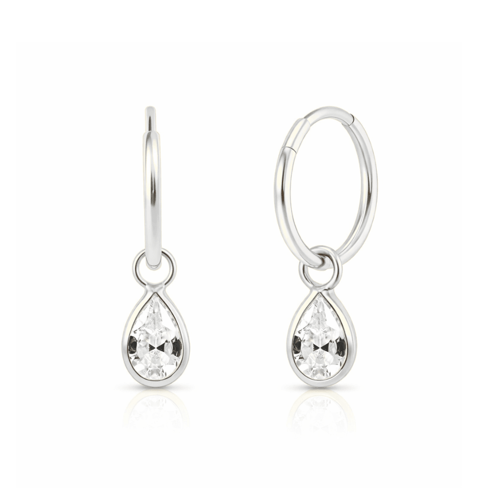 925 Sterling Silver Tear Drop CZ Dangling Fashion Hoop Earring