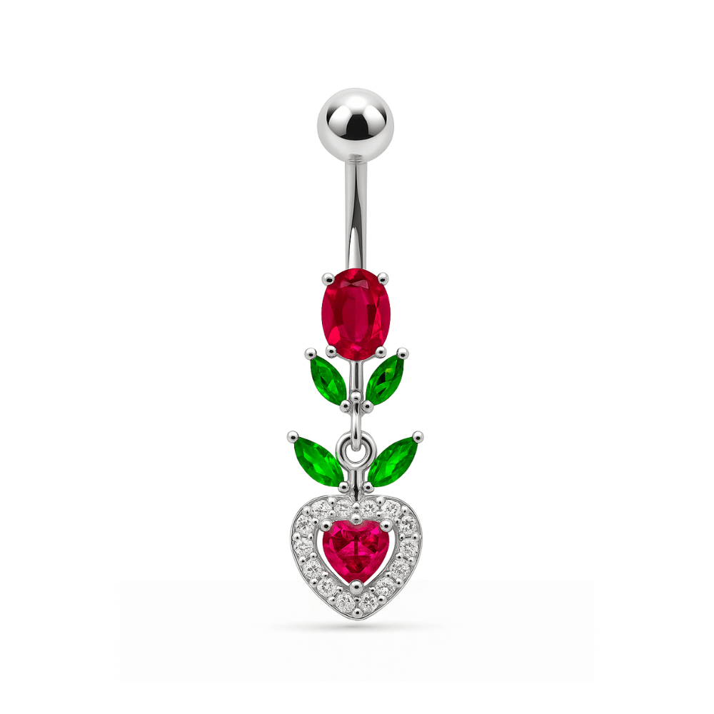 925 Sterling Silver Fancy Multi Stone Leafs With Heart Dangling Navel Ring