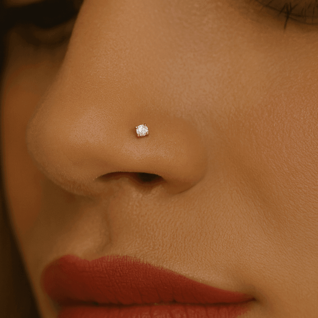 14K Gold Round Cubic Zirconia Jewelled Nose Bone