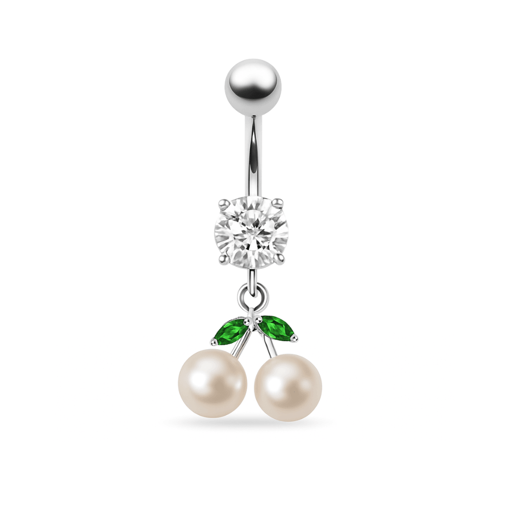 925 Sterling Silver Fancy Mix Jewelled PEARL Dangling With Curved Navel Ring