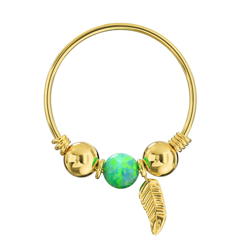 14K Gold Opal Bead with Leaf Charm Nose Hoop Ring