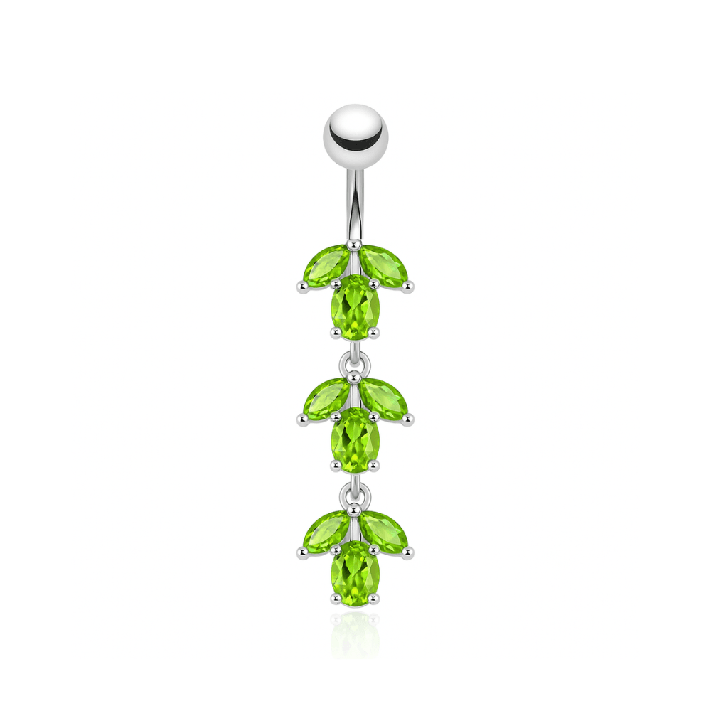 925 Sterling Silver Fancy Multi Stone Jewelled Leaf Dangling Navel Ring
