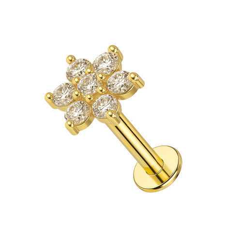 14K Gold Round CZ Jewelled Narcissus Flower Internal Thread Labret with Flatback Stud