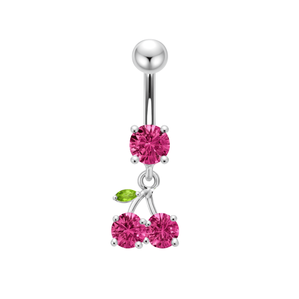 925 Sterling Silver Cherry Jewelled Fancy Dangling Belly Ring With SS Bar