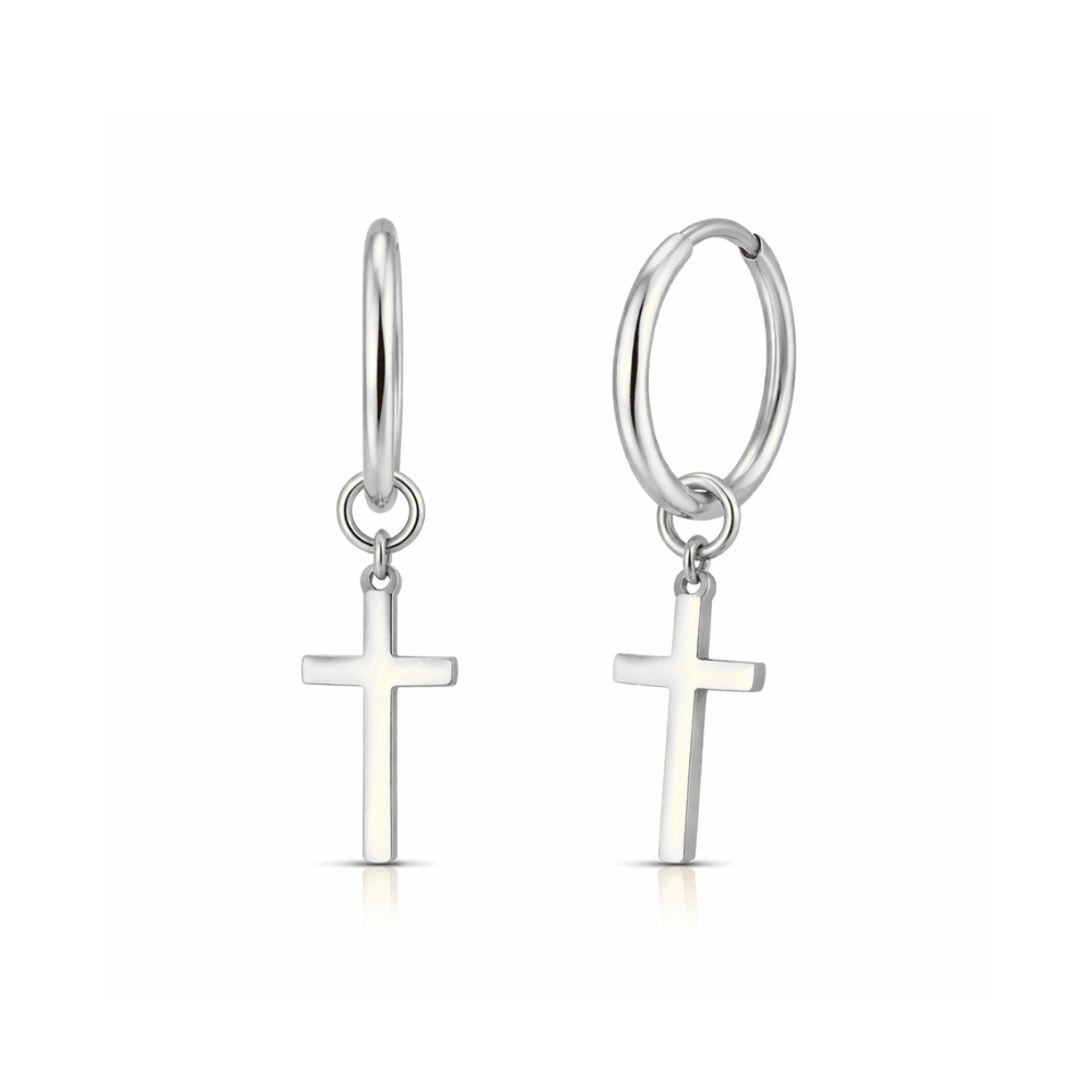 316L Surgical Steel CZ Jewelled Dangling Cross Hinged Earring Pair
