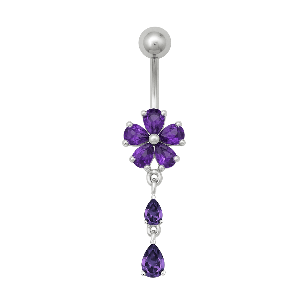 925 Sterling Silver Fancy Jewelled Flower With SS Bar Navel Ring