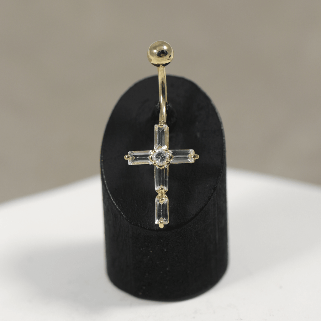 14K Gold Dangling Gemstone Cross Belly Ring