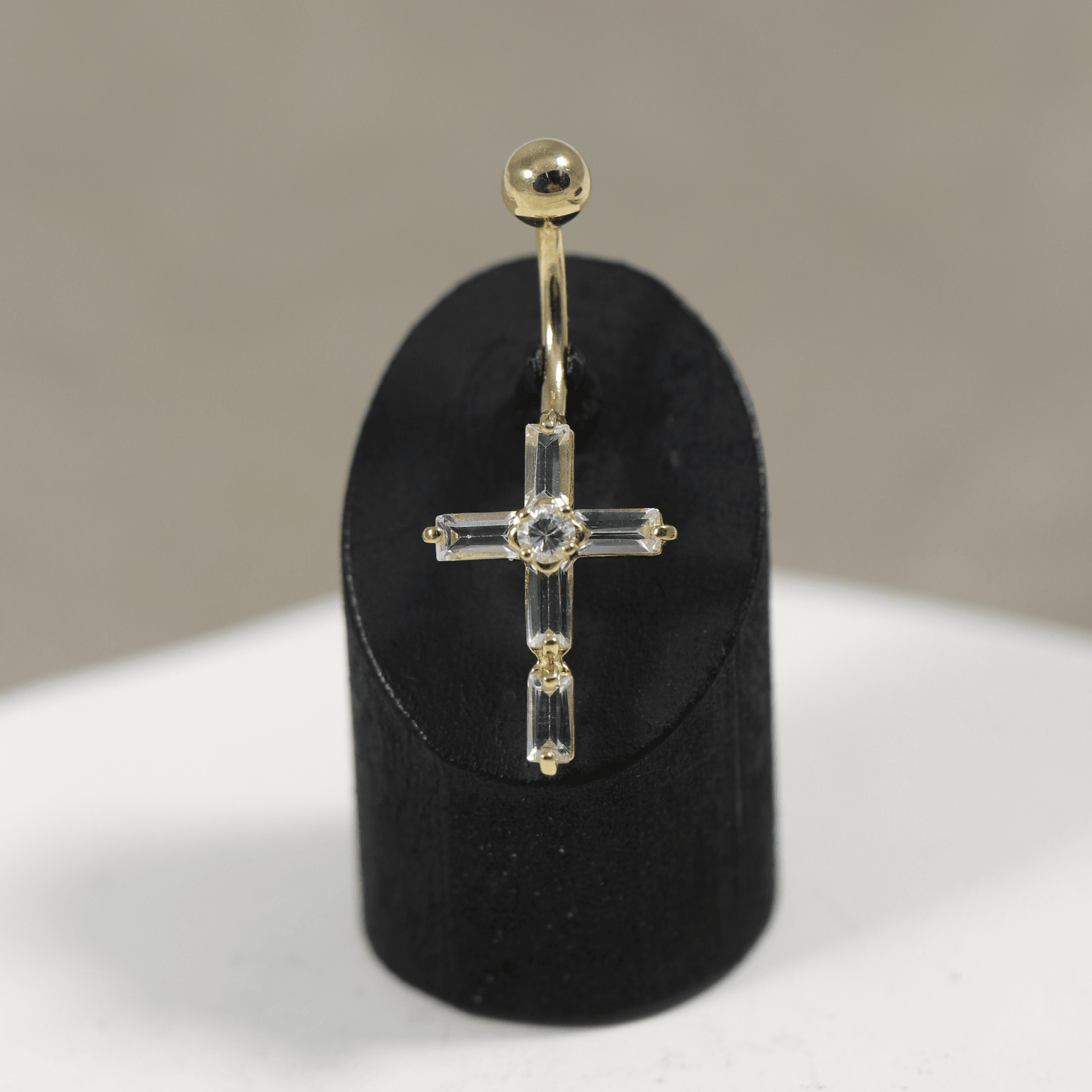 14K Gold Dangling Gemstone Cross Belly Ring