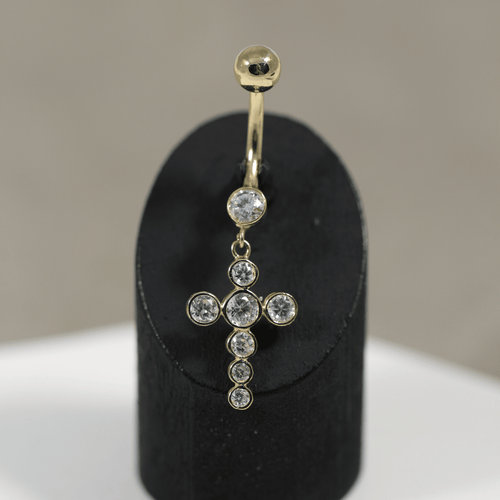 14K Gold Dangling Studded Cross Belly Ring