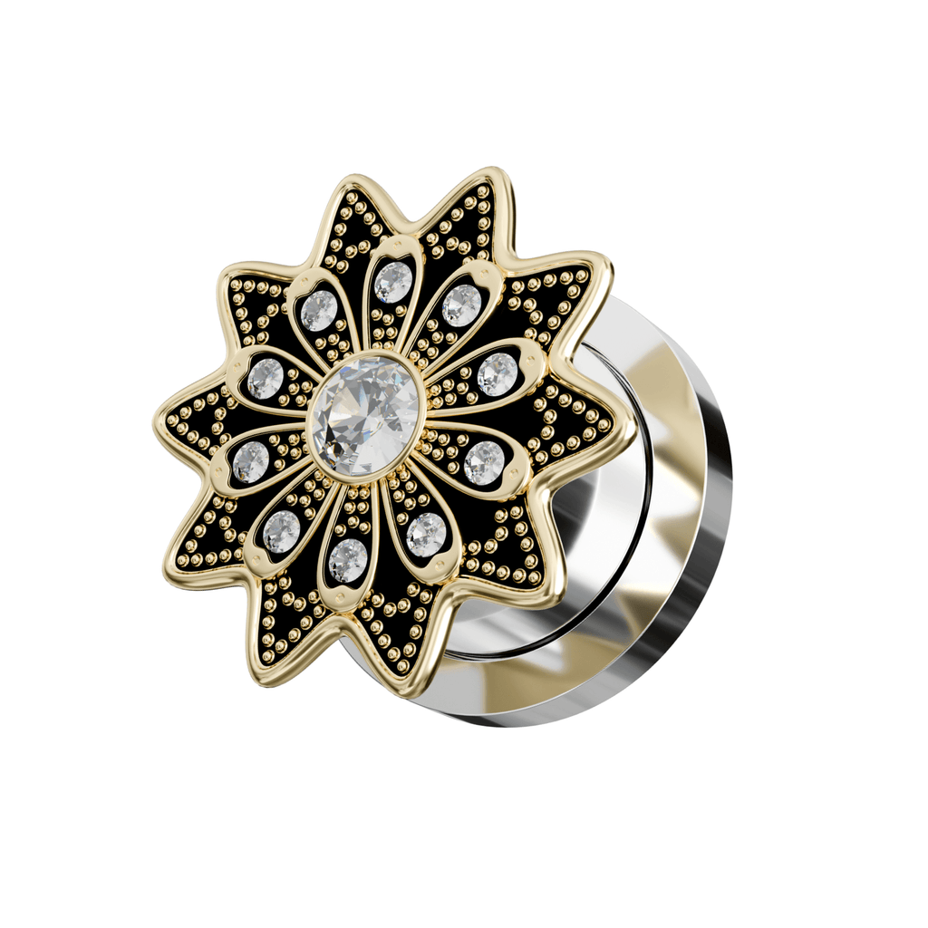 316L Surgical Steel Oxidised Flower Micro Jewelled CZ Stone Ear Flesh Tunnel