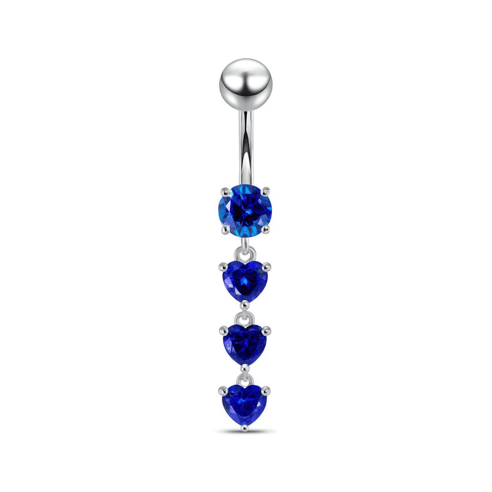 925 Sterling Silver Dangling Jewelled Hearts Navel Ring