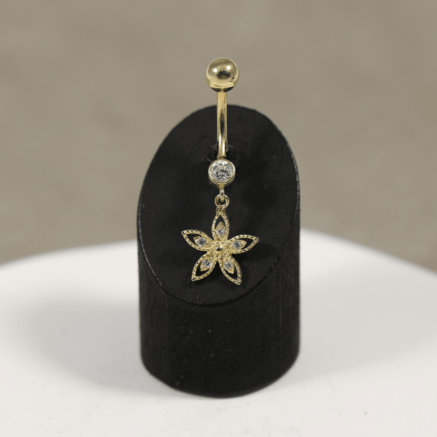 14K Gold CZ Jewelled Flower Design Dangling Belly Ring