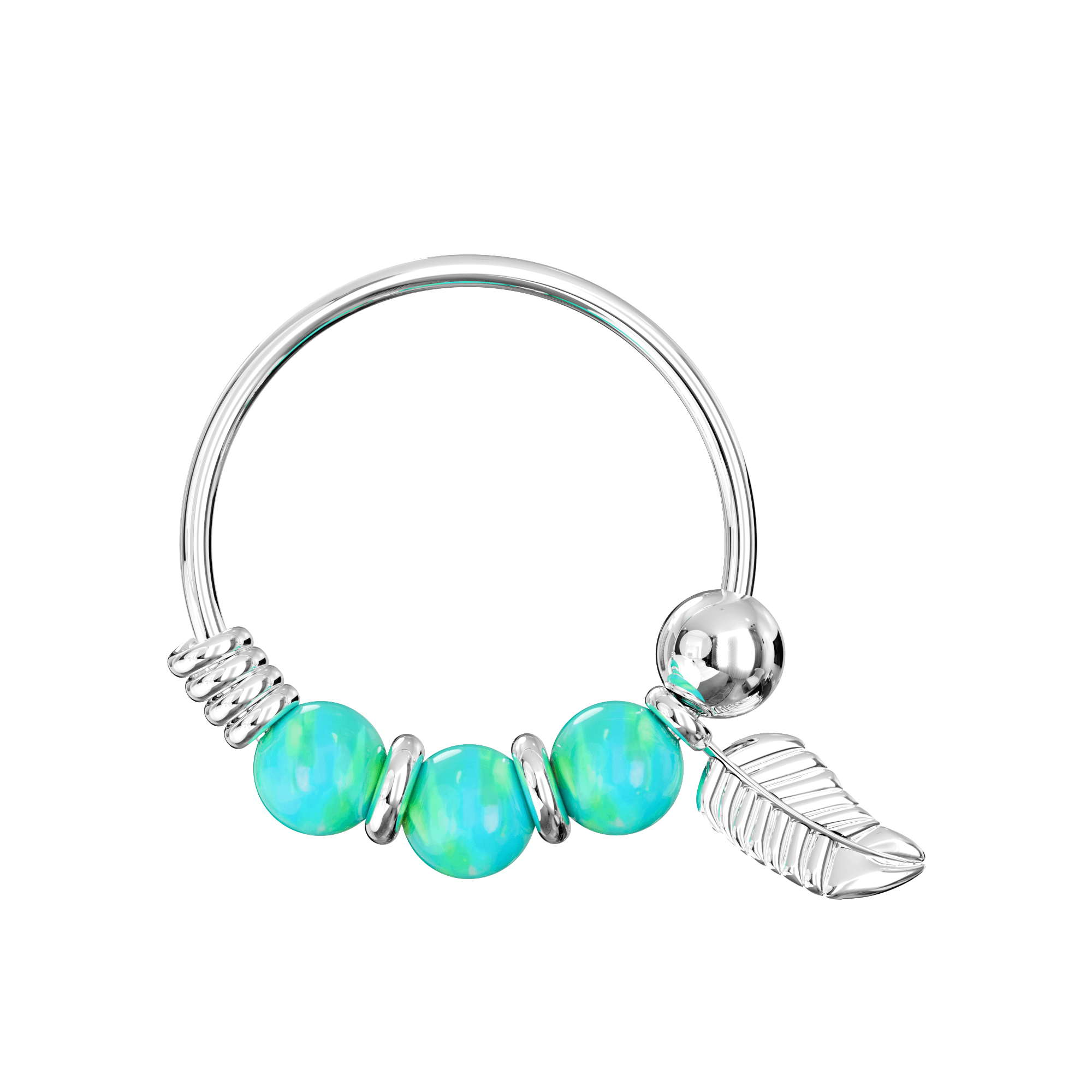 925 Sterling Silver Opal Bead with Leaf Charm Nose Hoop Ring