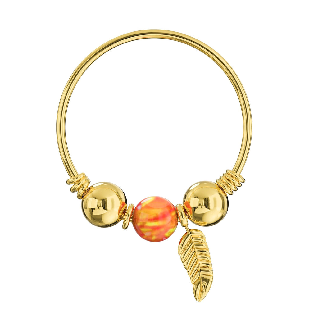 14K Gold Opal Bead with Leaf Charm Nose Hoop Ring