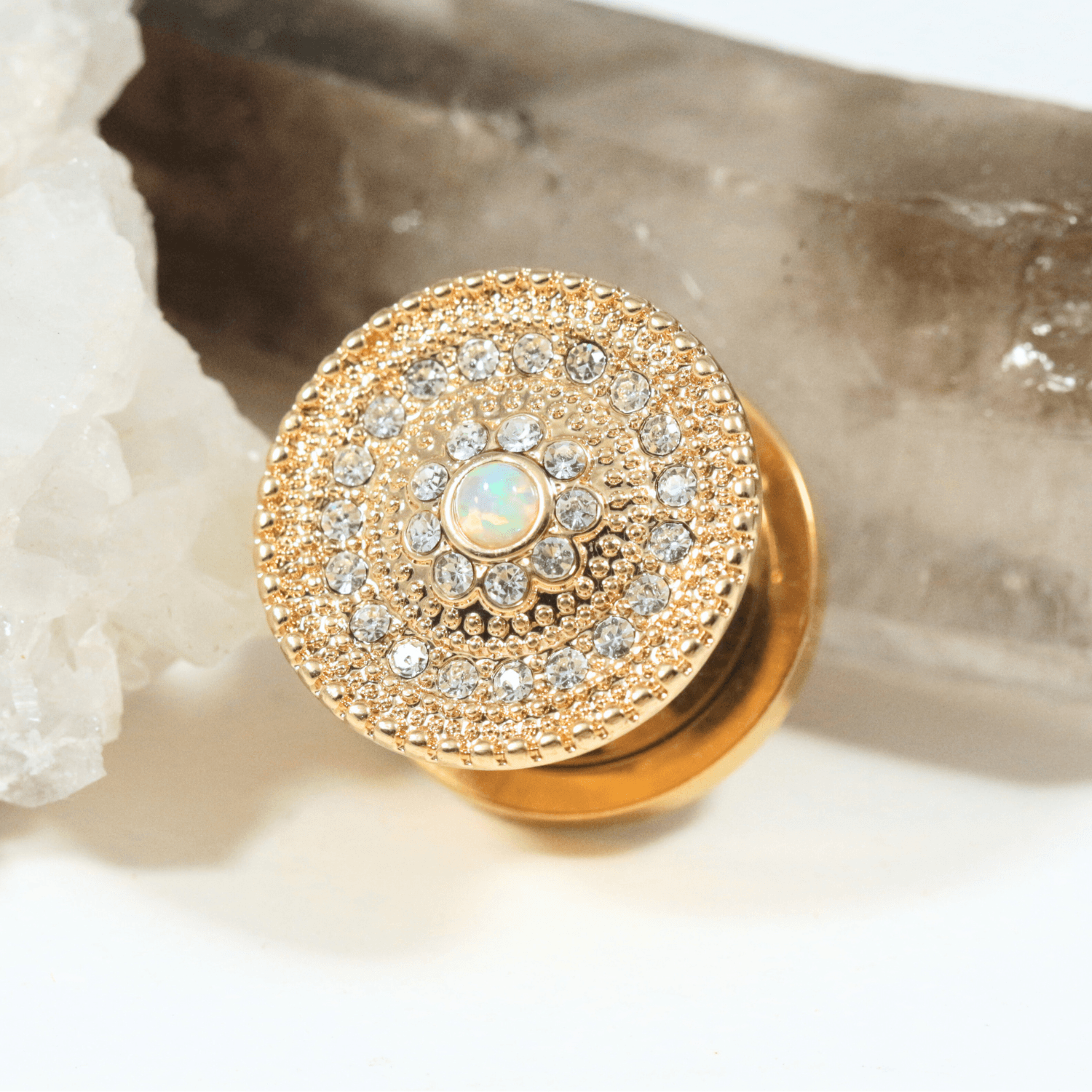 316L Surgical Steel with Gold PVD CZ and Opal Studded Ear Flesh Tunnel