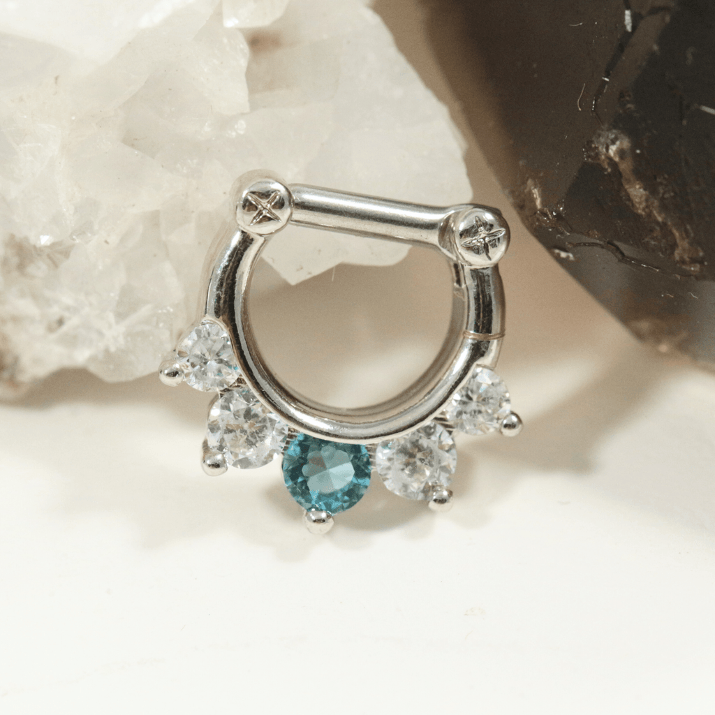 316L Surgical Steel Five Pronged White & Aqua CZs Septum Clicker Ring
