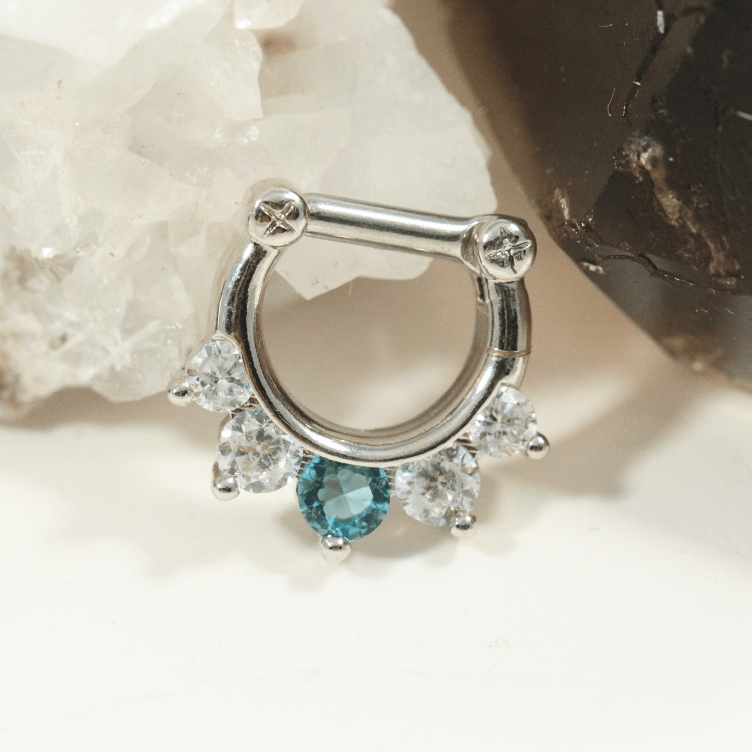 316L Surgical Steel Five Pronged White & Aqua CZs Septum Clicker Ring