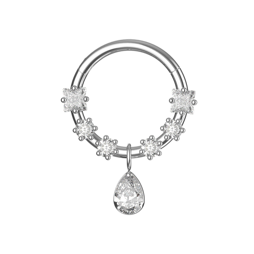 316L Surgical Steel CZ Jewelled and Pear Drop Dangle Hinged Segment Clicker