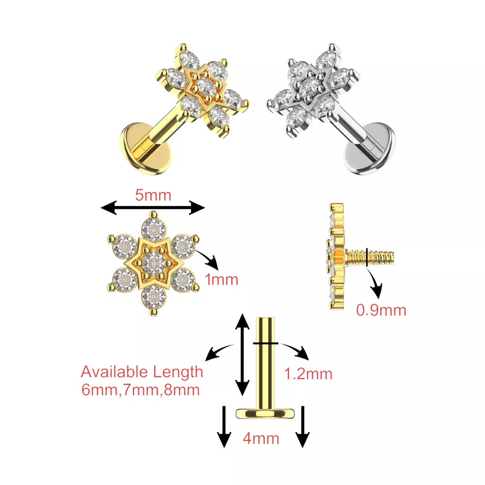 316L Surgical Steel Star Cluster CZ Internally Threaded Flatback Stud