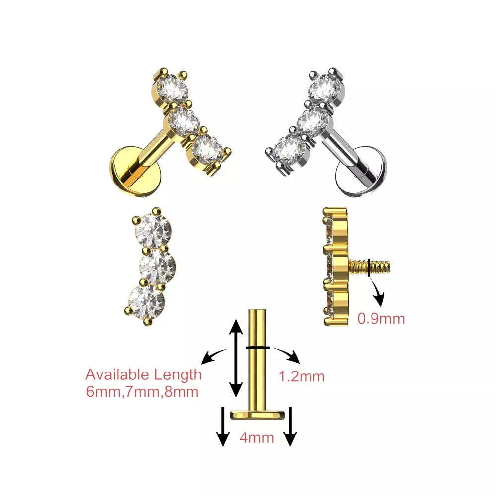 316L Surgical Steel Triple Round CZ Internally Threaded Flatback Stud