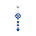 925 Sterling Silver Flower Jewelled Dangling 316L SS Curved Belly Ring