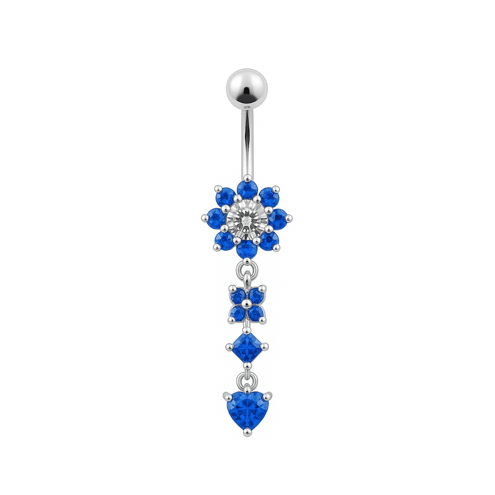 925 Sterling Silver Flower Jewelled Dangling 316L SS Curved Belly Ring