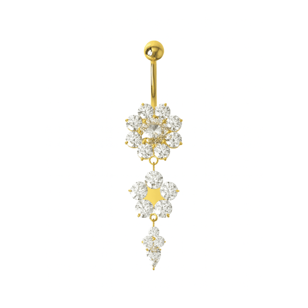 925 Sterling Silver Double Flower Silver Dangling SS Curved Bar Belly Ring