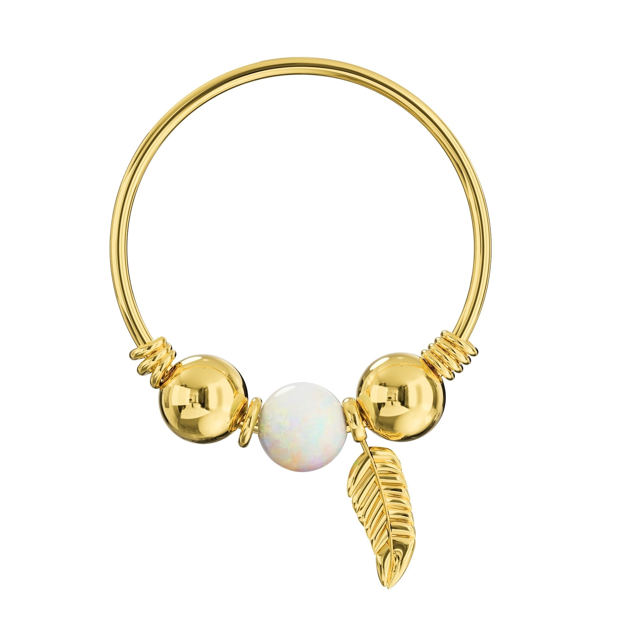 14K Gold Opal Bead with Leaf Charm Nose Hoop Ring