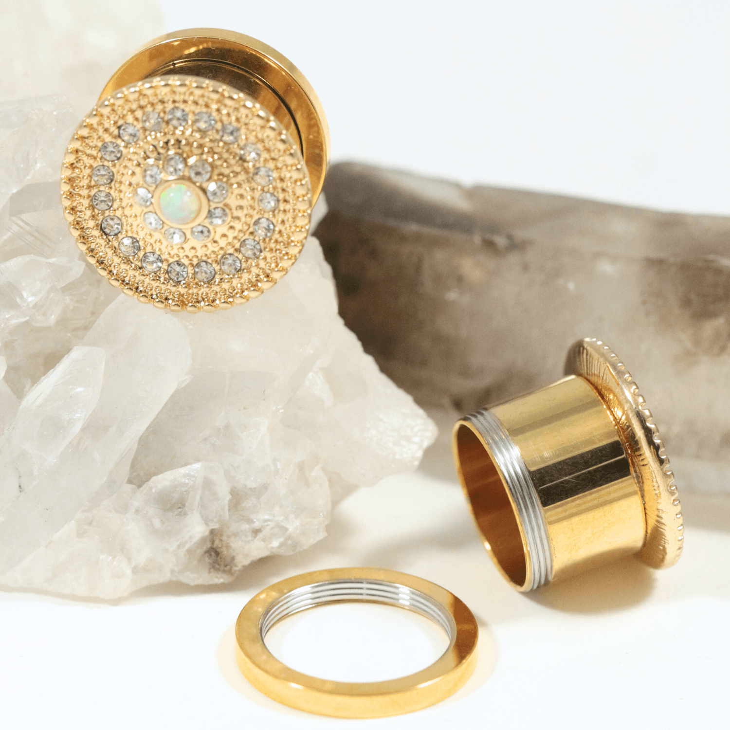 316L Surgical Steel with Gold PVD CZ and Opal Studded Ear Flesh Tunnel